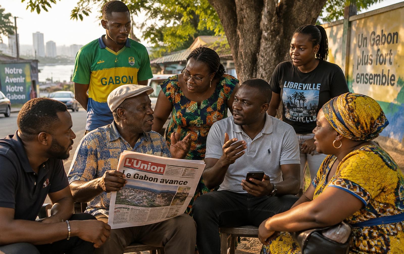 Des Gabonais discutent de l'actualité en plein air, journal et téléphone en main